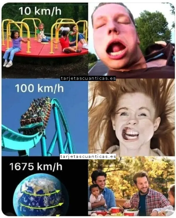 Imagen de meme comparando la percepción de la velocidad de la tierra: niños jugando en un parque a 10 km/h con expresiones leves de velocidad, una montaña rusa a 100 km/h con caras distorsionadas por la velocidad, y una familia en la Tierra girando a la velocidad de rotación de 1675 km/h sin ninguna reacción, ilustrando cómo la velocidad de giro y traslación de la Tierra es imperceptible en nuestra vida diaria